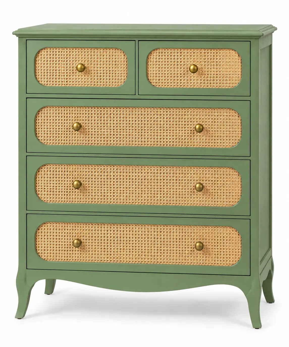 Green and brown wooden dresser with drawer handles and woven detailing, part of Heatproofbenchhaven's furniture collection.