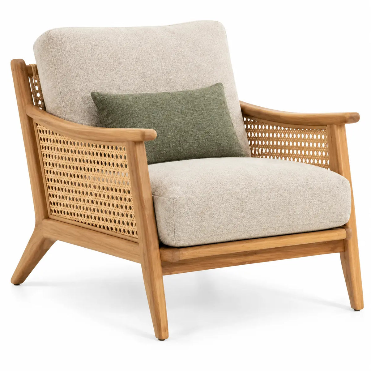 Heatproofbenchhaven open-structured armchair with woven details in beige, brown, and green, showcasing a stylish, modern furniture design.