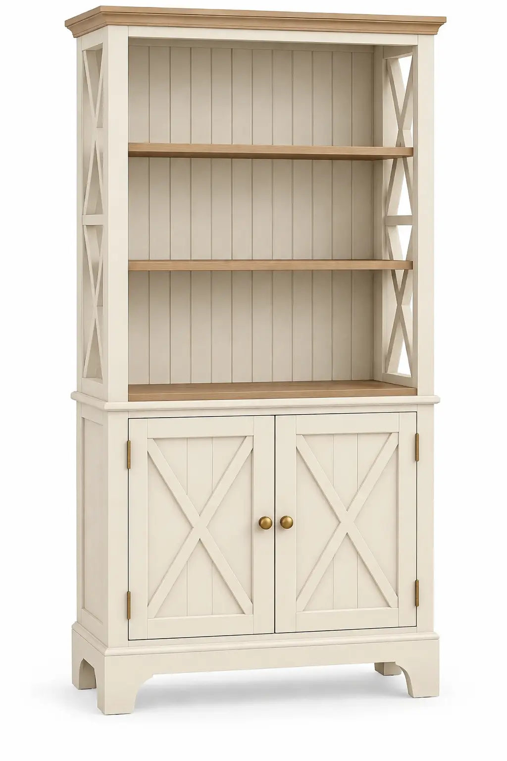 Heatproofbenchhaven white and brown storage bookshelf with cross detail, modern furniture for organized living spaces.