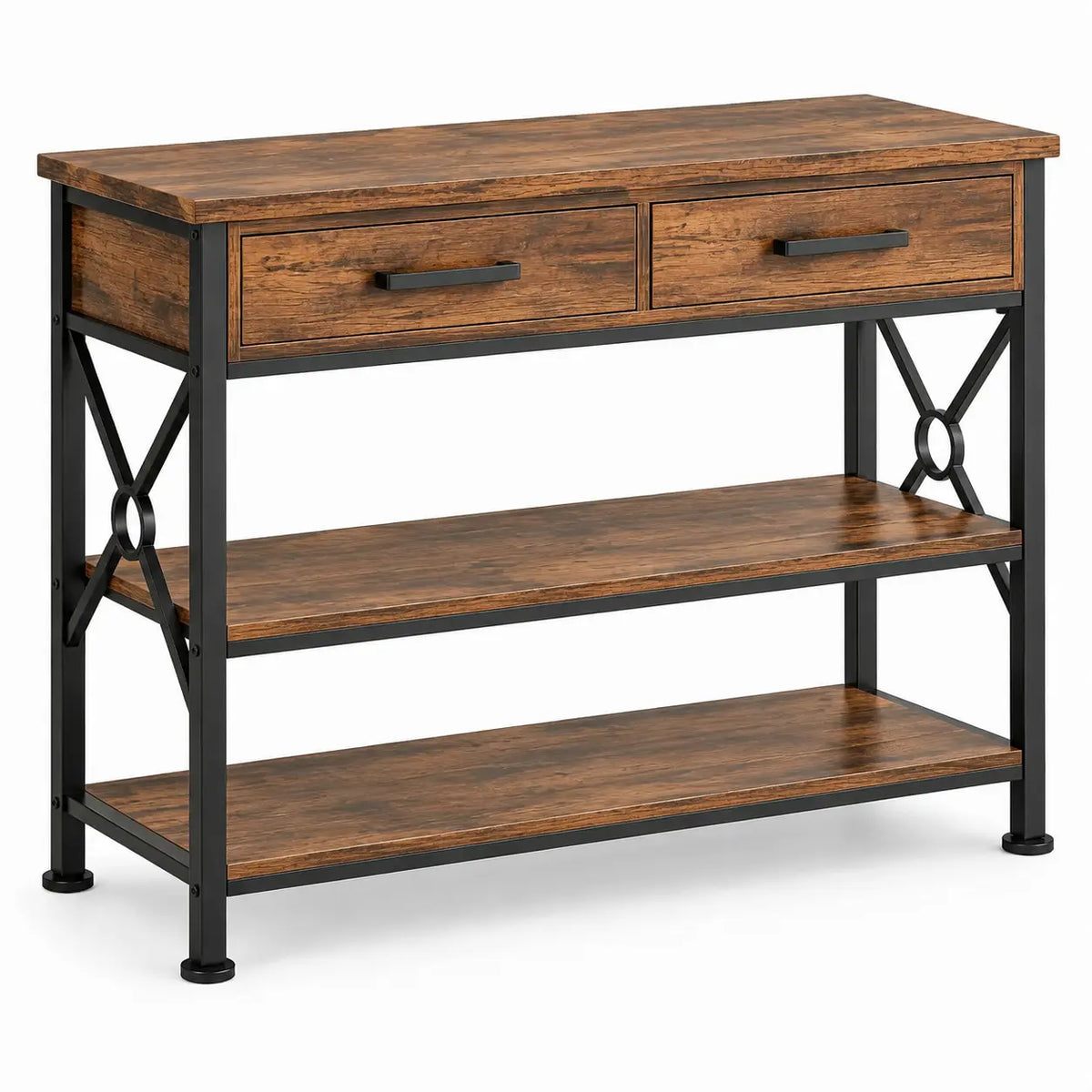 Heatproofbenchhaven console table with drawers and cross details in brown and black, ideal for entryway decor.