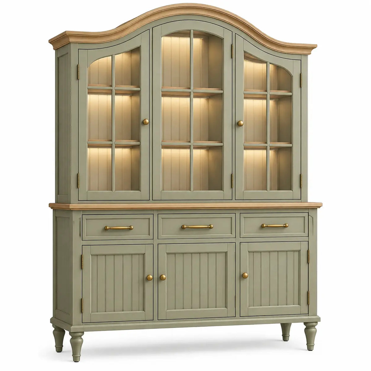 Heatproofbenchhaven round-edged storage cabinet in green and brown with curved design, ideal for organized furniture storage.