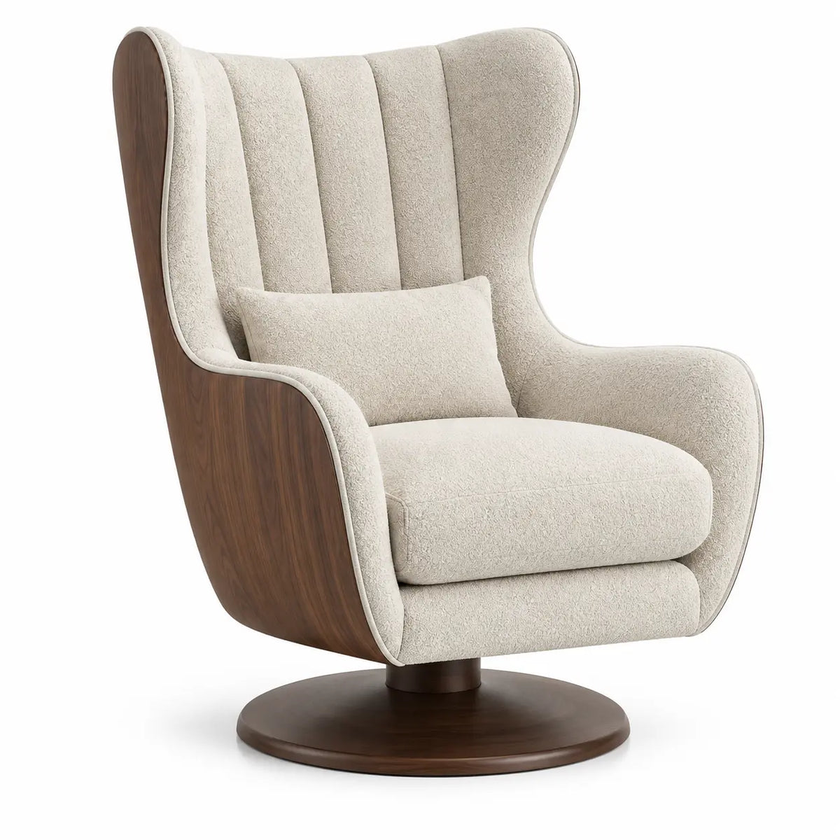 Curved upholstered armchair with channel quilting and tall back in beige and brown, by heatproofbenchhaven.