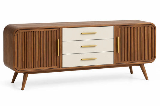 Heatproofbenchhaven storage sideboard with vertical line details and drawers in brown and white, modern furniture for living room decor.