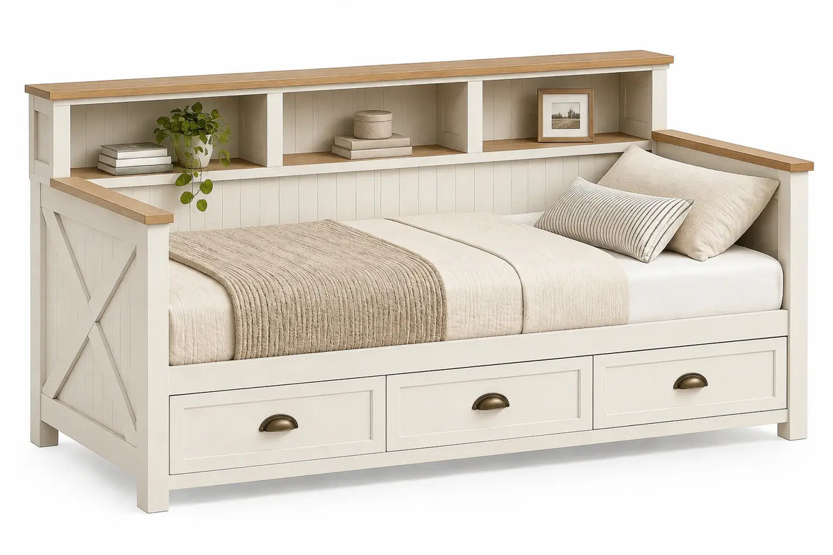 White and brown storage loveseat with drawers and shelves, modern furniture piece by heatproofbenchhaven.