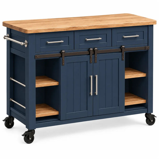 Blue and brown kitchen cart with wheels, drawers, and shelves from Heatproofbenchhaven, designed as a versatile kitchen furniture piece.