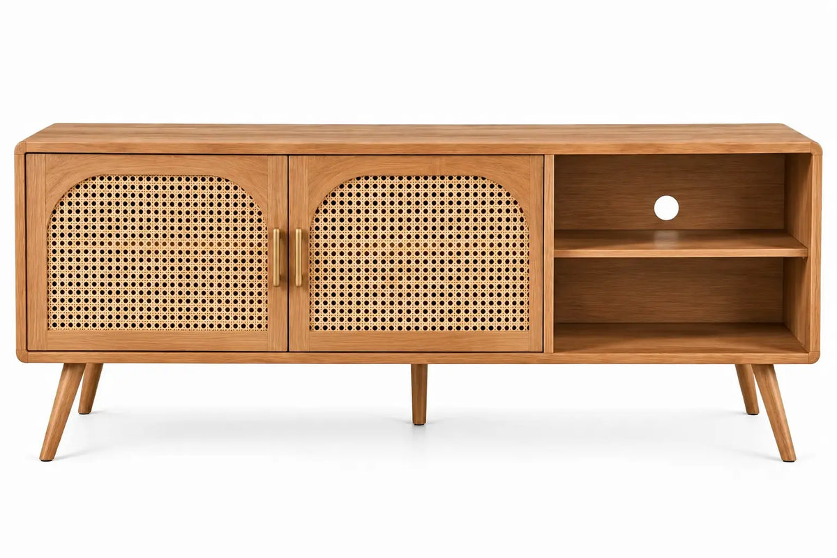 Heatproofbenchhaven TV stand with woven detailing and shelves, in brown, ideal for modern living room entertainment setups.