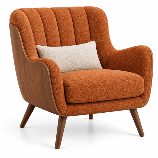 Heatproofbenchhaven upholstered channel-tufted armchair in orange and brown fabric, stylish and comfortable for modern living spaces.