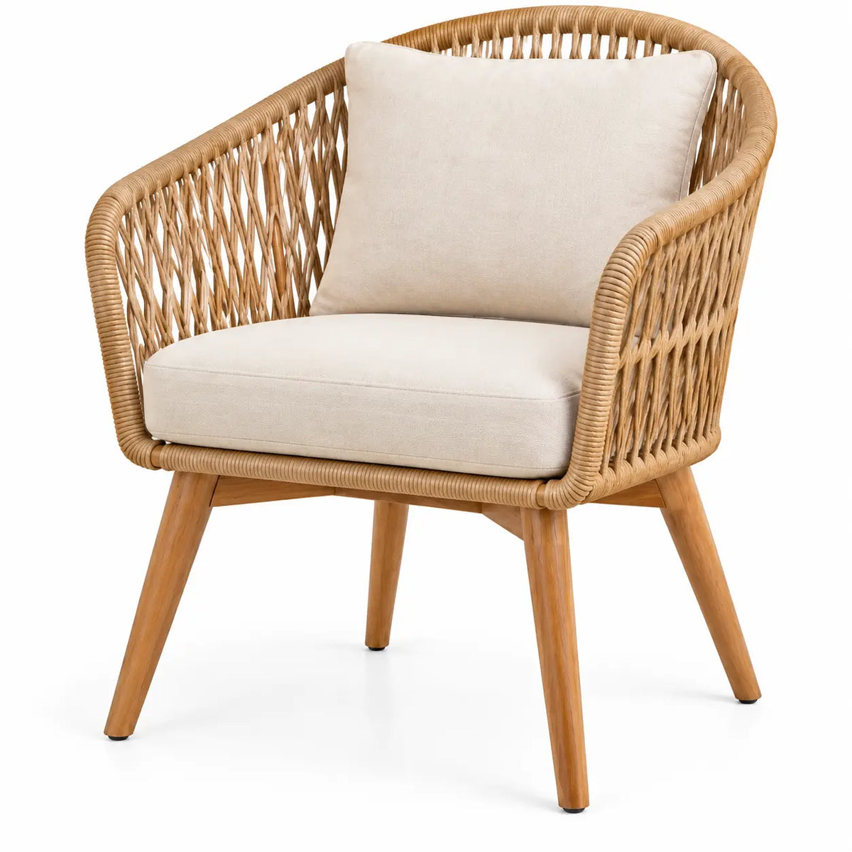Beige and brown open-structured armchair with woven detailing, designed for stylish comfort by heatproofbenchhaven.