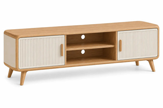 Heatproofbenchhaven TV stand with vertical line details, open shelves, in brown and white for modern living room decor.
