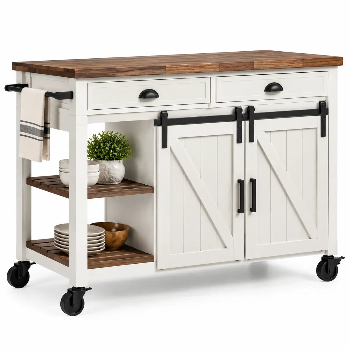 Heatproofbenchhaven kitchen cart with wheels, featuring cross details in white, brown, and black, ideal for additional kitchen storage.