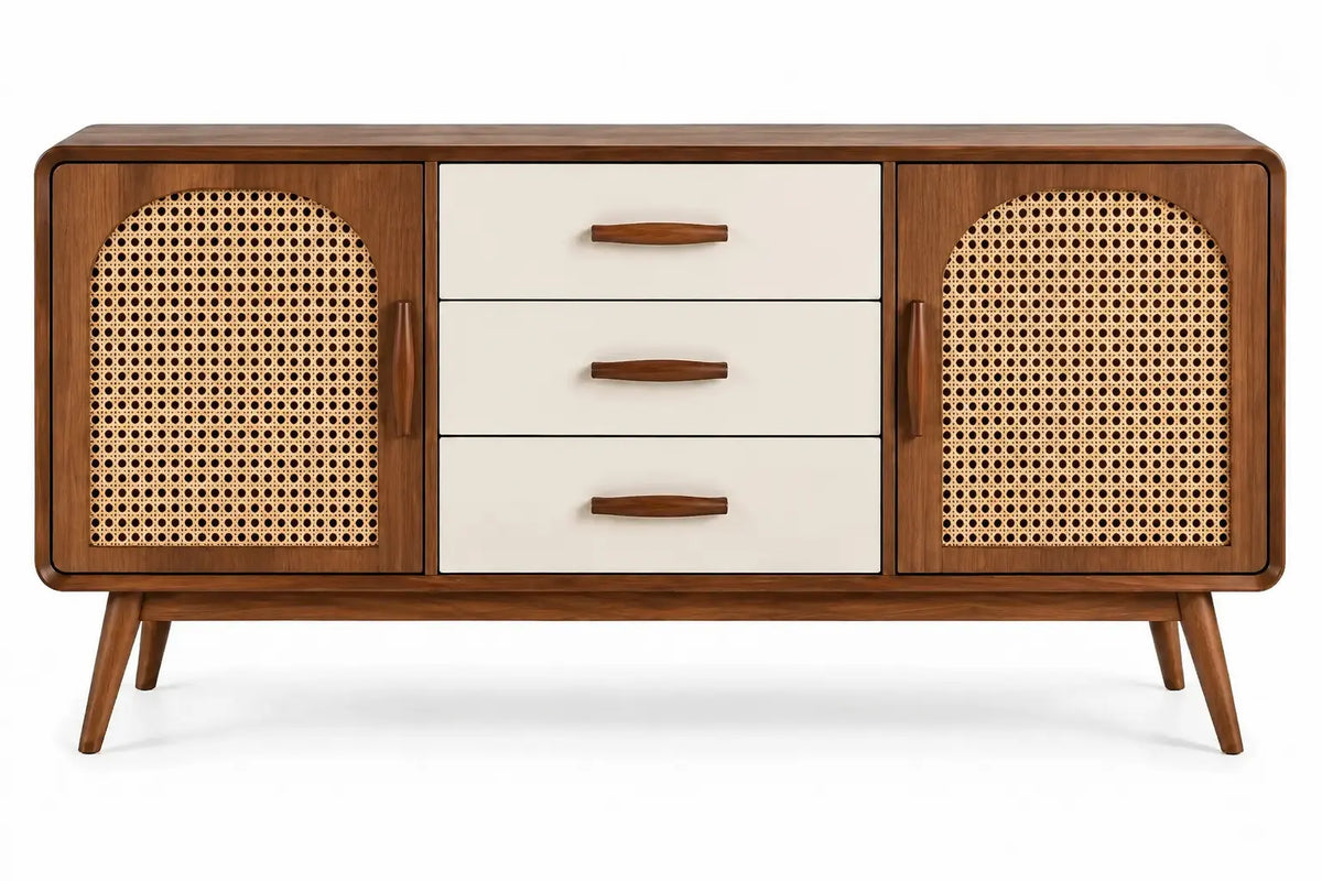 Heatproofbenchhaven storage sideboard with woven details and drawers in brown and white, showcasing a stylish and functional furniture piece.