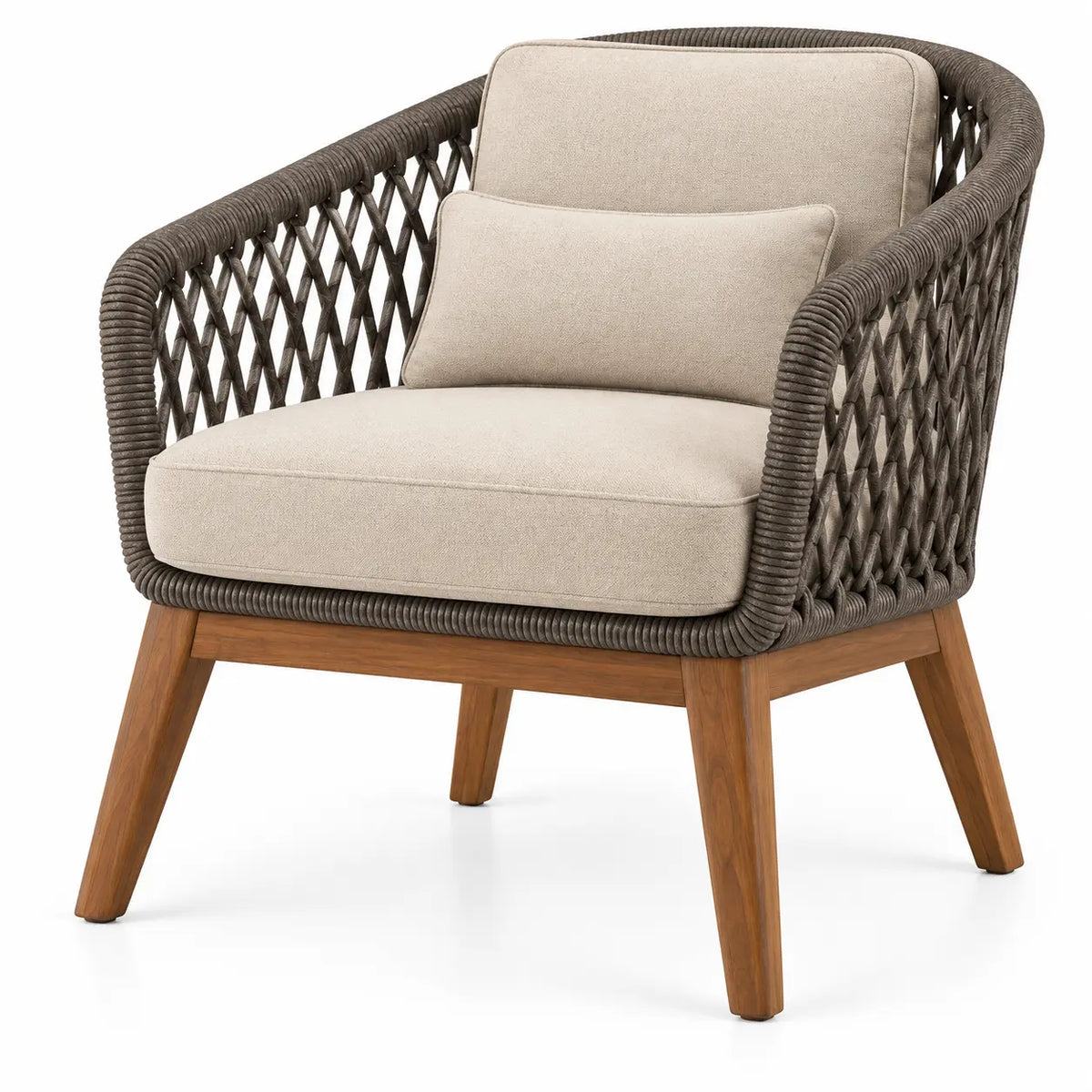 Heatproofbenchhaven open-structured beige, brown, and black armchair with woven detailing, modern and stylish furniture piece.
