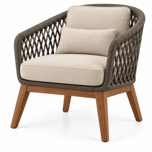 Heatproofbenchhaven open-structured beige, brown, and black armchair with woven detailing, modern and stylish furniture piece.