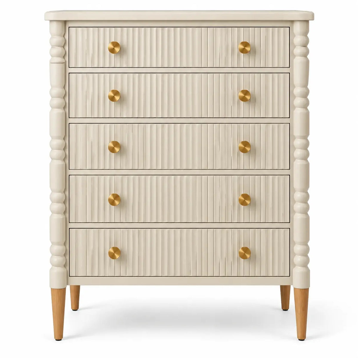 White wooden dresser with vertical line details, featuring multiple drawers, designed for bedroom storage by heatproofbenchhaven.