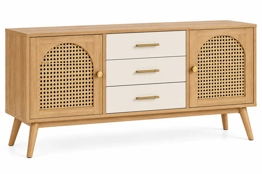 Heatproofbenchhaven storage sideboard with woven details and drawers, in brown and white, for elegant home organization.