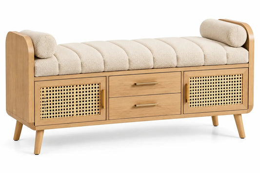 Heatproofbenchhaven upholstered bench with quilted detailing, storage drawers, in brown and beige, perfect for stylish seating.