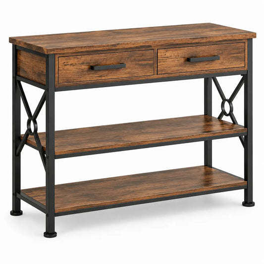 Heatproofbenchhaven console table with drawers and cross details in brown and black, ideal for entryway decor.