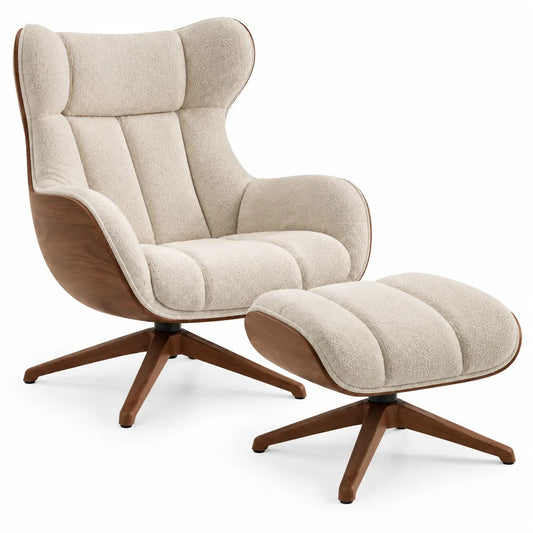 Heatproofbenchhaven beige and brown upholstered armchair with matching padded footrest, high backrest, and channel quilted design.
